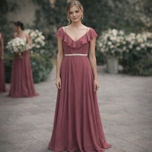 Jenny Yoo Collection Mauve Chiffon Ruffle Cold Shoulder Gown Mila Dress Size 0